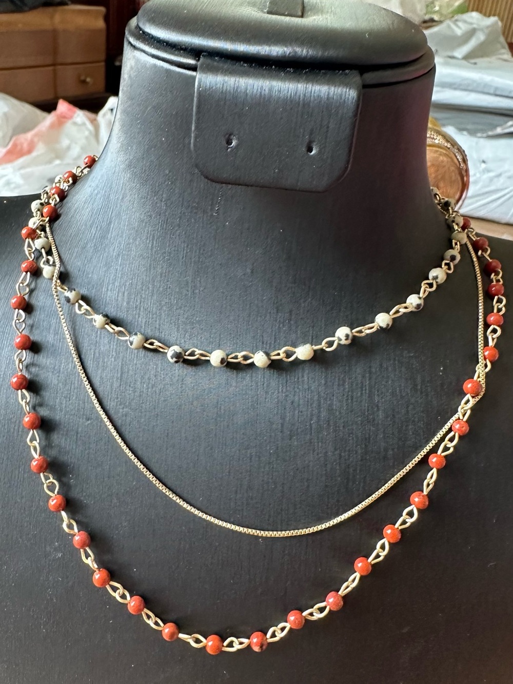 Layered Gold Chain Necklace with Red Beads